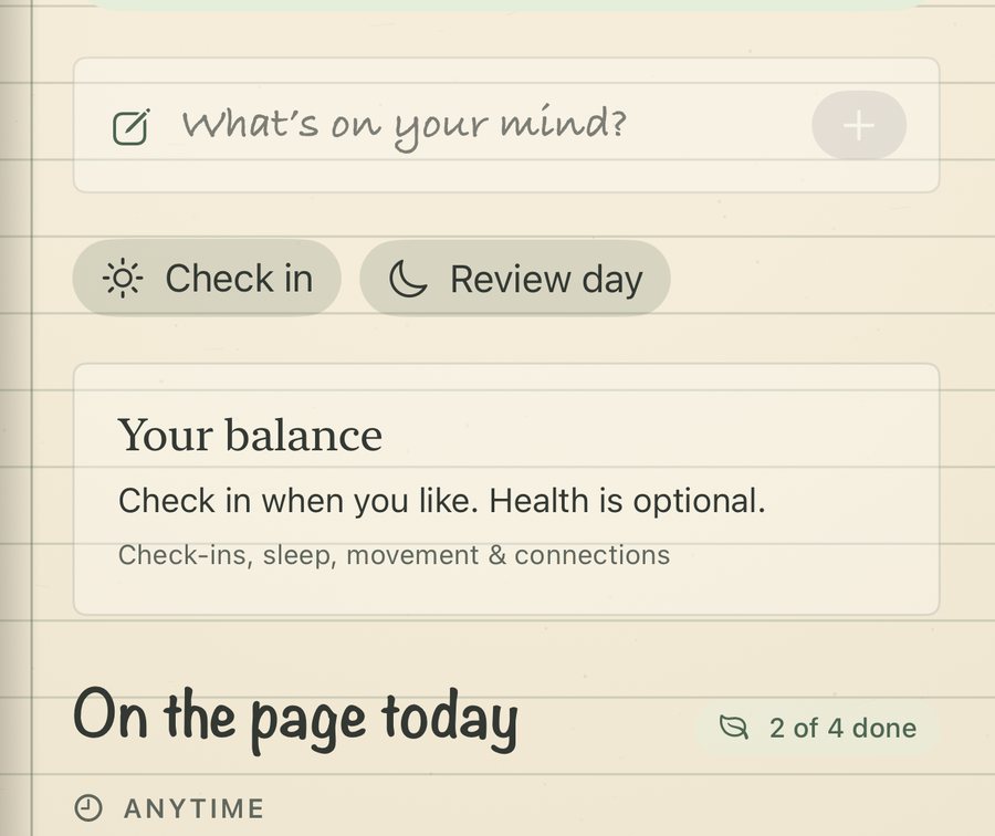 The capture field “What's on your mind?” with Check in and Review day buttons, and the start of “On the page today”.
