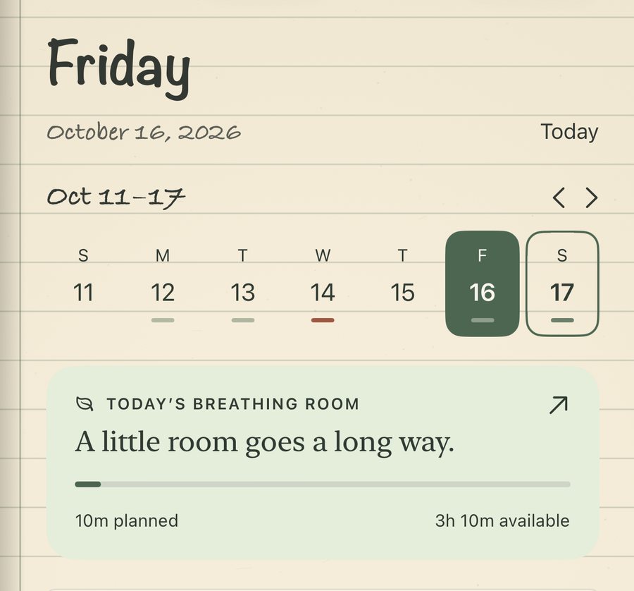 Friday's page with a week strip and today's breathing room: 10 minutes planned, 3 hours 10 minutes available.