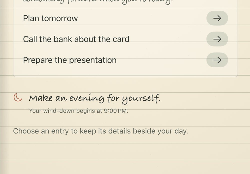 Room for another day: unfinished items Plan tomorrow, Call the bank about the card and Prepare the presentation, each with a bring-forward arrow.