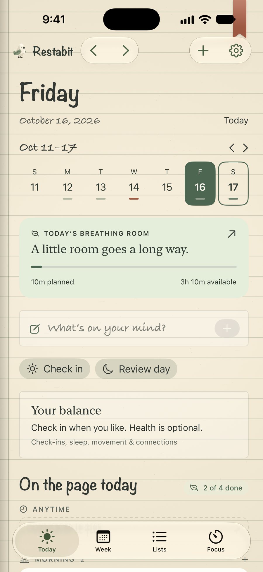 Restabit on iPhone: Friday, October 16, today's breathing room with 10 minutes planned and 3 hours 10 minutes available, and Check in and Review day buttons.